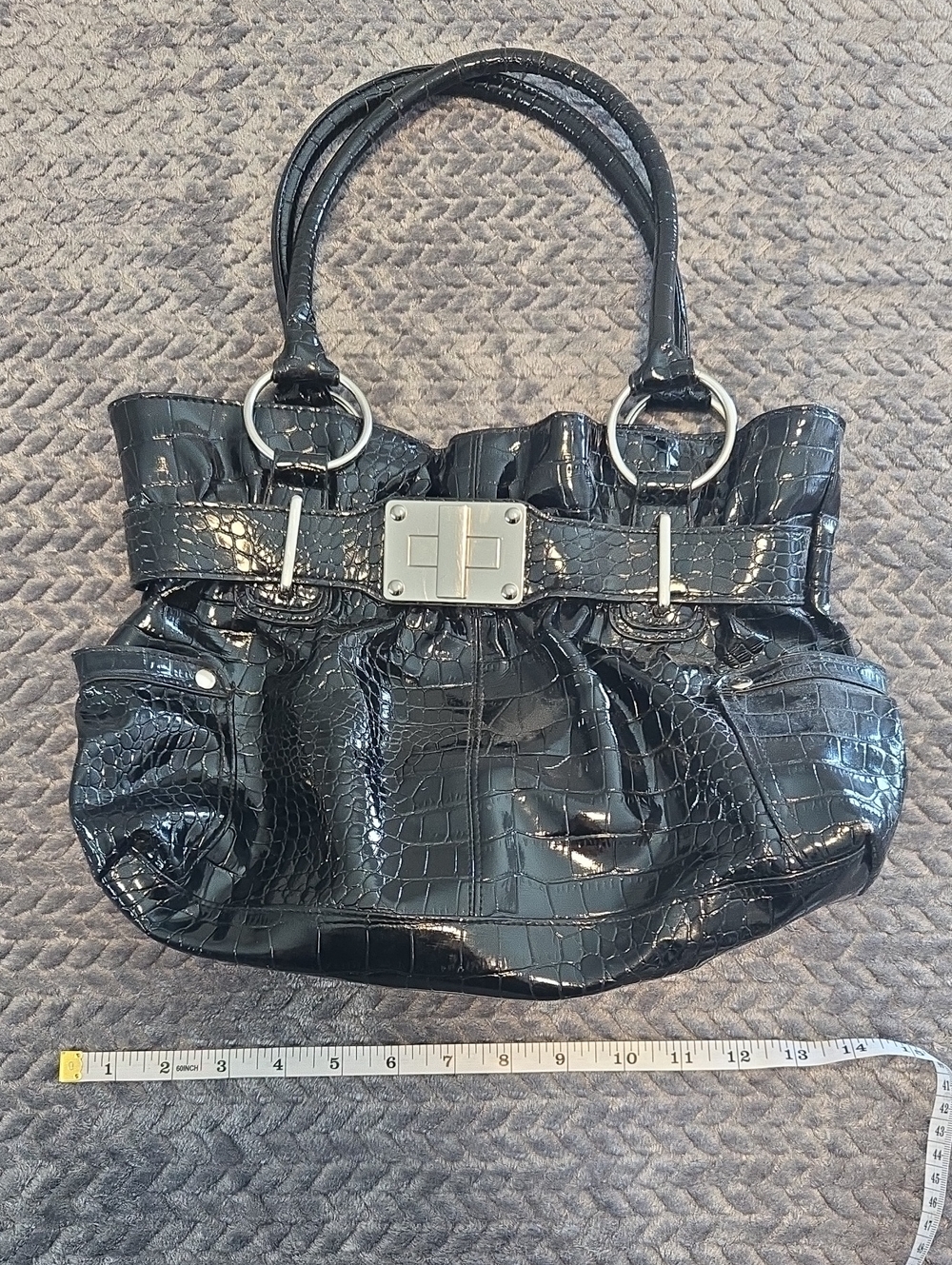 Black Patent Croc Embossed Satchel Handbag Silver Hardware Double Handle Y2K